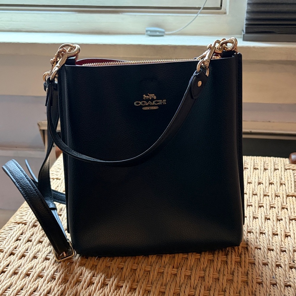 Coach Black Leather Crossbody with Gold Hardware and Red Interior